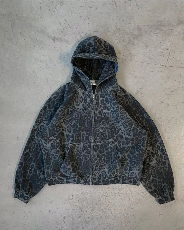 Mens Fashion Zip Up Hoodies - Moletom com Zíper Estampado de Leopardo