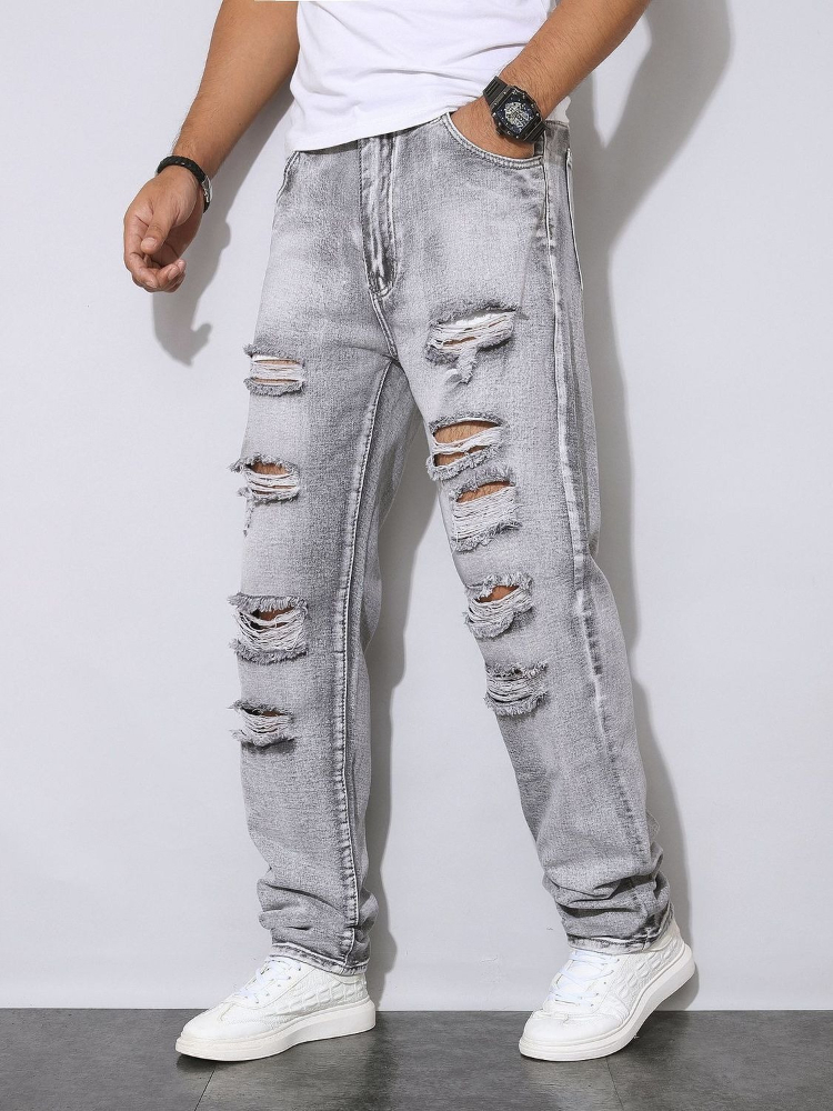 Men'S Fashion Grey Jeans - Calças Jeans Masculinas Cinza Desgastadas para